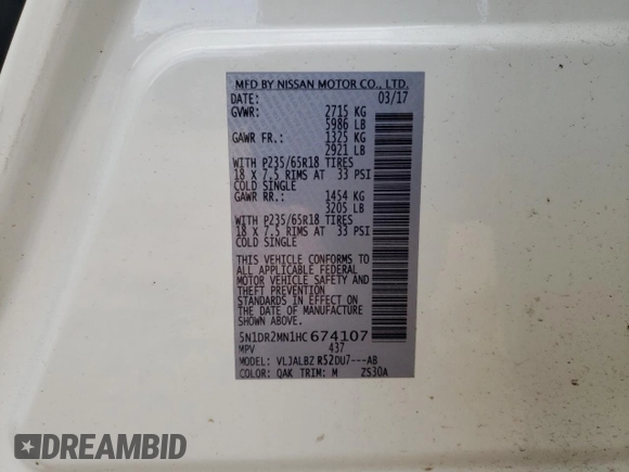 2017 Nissan Pathfinder S with VIN 5N1DR2MN1HC674107, listed as a Copart auction lot 88501435 with 113,303 mi miles and Salvage Title. Bid and sale history available at DreamBid. Image 15.