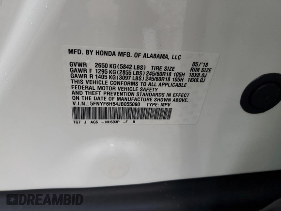 2018 Honda Pilot EX-L with VIN 5FNYF6H54JB055090, listed as a Copart auction lot 53919275 with 82,425 mi miles and Salvage Title. Bid and sale history available at DreamBid. Image 14.