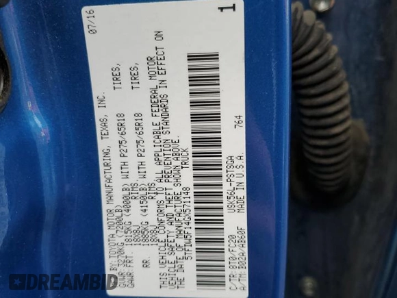 2016 Toyota Tundra SR5 z VIN 5TFDW5F14GX571148, wystawiony jako Copart lot #45491795 z przebiegiem 95 623 mil mil oraz Szkoda całkowita • Salvage title. Historia ofert i sprzedaży dostępna na DreamBid. Obrazek 14.