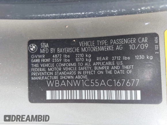 2010 BMW 5 Series 535i with VIN WBANW1C55AC167677, listed as a IAAI auction lot 41950148 with 134,499 mi miles and . Bid and sale history available at carsss.com. Image 9.