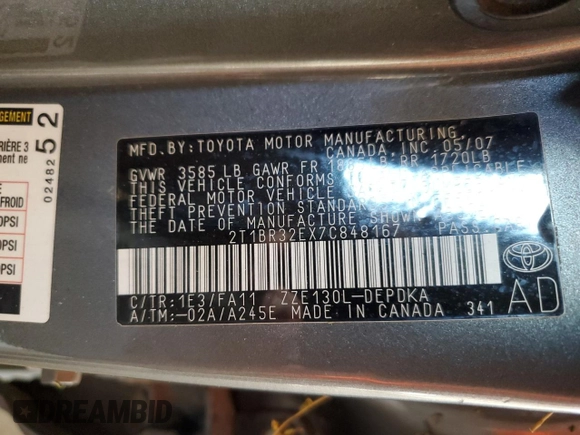 2007 Toyota Corolla CE with VIN 2T1BR32EX7C848167, listed as a Copart auction lot 71788434 with 177,816 mi miles and Salvage Title. Bid and sale history available at carsss.com. Image 14.