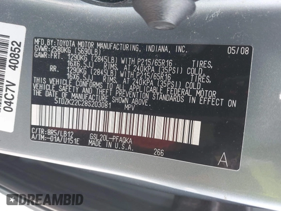 2008 Toyota Sienna XLE with VIN 5TDZK22C28S203081, listed as a IAAI auction lot 41949837 with 163,549 mi miles and . Bid and sale history available at DreamBid. Image 9.
