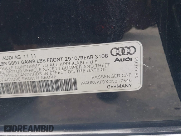 2012 Audi A8 with VIN WAURVAFDXCN017546, listed as a IAAI auction lot 39830968 with 123,089 mi miles and . Bid and sale history available at DreamBid. Image 9.