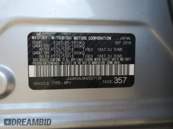 2017 Mitsubishi Outlander ES z VIN JA4AR3AU9HZ007138, wystawiony jako Copart lot #53781645 z przebiegiem 108 822 mil mil oraz Szkoda całkowita • Salvage title. Historia ofert i sprzedaży dostępna na DreamBid. Obrazek 13.