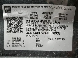 2021 Chevrolet Equinox LT with VIN 3GNAXKEV8ML378938, listed as a Copart auction lot 46408755 with 0 mi miles and Salvage Title. Bid and sale history available at carsss.com. Image 16.