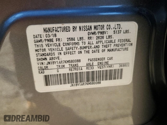2019 Infiniti Q70 Luxe with VIN JN1BY1AR7KM580088, listed as a Copart auction lot 41612865 with 101,134 mi miles and Salvage title. Bid and sale history available at DreamBid. Image 12.