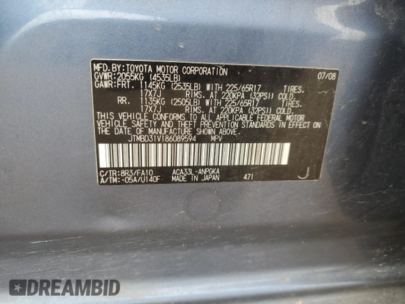 2008 Toyota RAV4 Limited with VIN JTMBD31V186089594, listed as a Copart auction lot 60810305 with 198,261 mi miles and Salvage title. Bid and sale history available at DreamBid. Image 12.