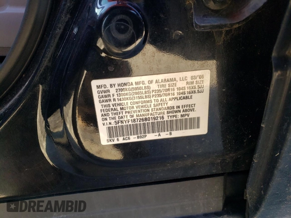 2006 Honda Pilot EX-L with VIN 5FNYF18726B019216, listed as a Copart auction lot 45735795 with 219,600 mi miles and Clean Title. Bid and sale history available at DreamBid. Image 13.