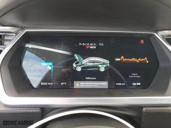 2013 Tesla Model S Performance with VIN 5YJSA1DP3DFP05675, listed as a Copart auction lot 51638795 with 0 mi miles and Salvage Title. Bid and sale history available at carsss.com. Image 9.