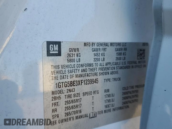 2015 GMC Canyon 2WD SLE with VIN 1GTG5BE3XF1239945, listed as a Copart auction lot 41541745 with 194,120 mi miles and Salvage Title. Bid and sale history available at carsss.com. Image 14.