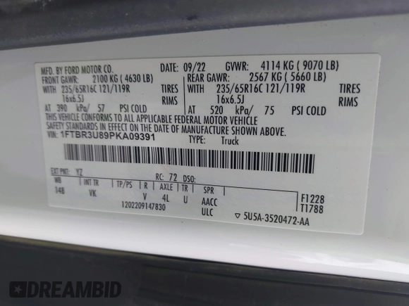 2023 Ford Transit Cargo with VIN 1FTBR3U89PKA09391, listed as a IAAI auction lot 41993662 with 36,147 mi miles and . Bid and sale history available at DreamBid. Image 9.