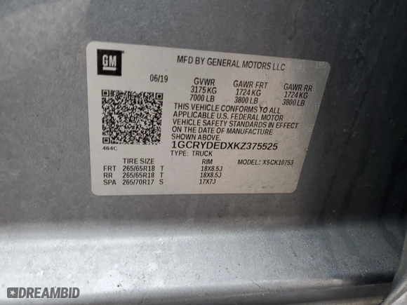 2019 Chevrolet Silverado 1500 LT with VIN 1GCRYDEDXKZ375525, listed as a Copart auction lot 46784745 with 0 mi miles and Salvage Title. Bid and sale history available at carsss.com. Image 13.