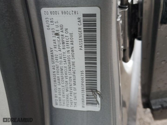 2003 Volkswagen Passat GLX with VIN WVWRH63B83P446795, listed as a Copart auction lot 81899474 with 167,828 mi miles and Salvage Title. Bid and sale history available at carsss.com. Image 14.