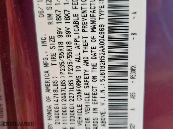 2010 Acura RDX Tech Pkg with VIN 5J8TB2H52AA004969, listed as a Copart auction lot 53607495 with 172,962 mi miles and Salvage Title. Bid and sale history available at carsss.com. Image 15.