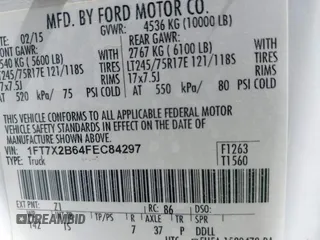 2015 Ford F-250 XLT with VIN 1FT7X2B64FEC84297, listed as a IAAI auction lot 42530389 with 343,430 mi miles and . Bid and sale history available at DreamBid. Image 9.