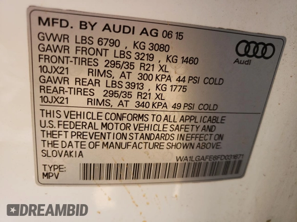 2015 Audi Q7 3.0T Premium Plus with VIN WA1LGAFE6FD031671, listed as a Copart auction lot 58866712 with 109,535 mi miles. Bid and sale history available at carsss.com. Image 10.