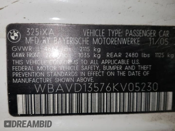 2006 BMW 3 Series 325xi with VIN WBAVD13576KV05230, listed as a Copart auction lot 53792085 with 124,190 mi miles and Salvage Title. Bid and sale history available at carsss.com. Image 12.