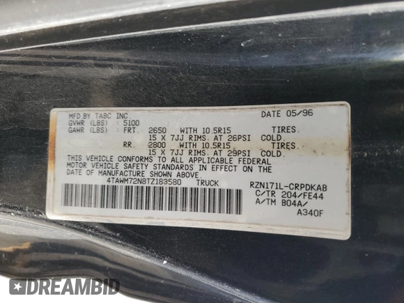 1996 Toyota Tacoma z VIN 4TAWM72N8TZ183580, wystawiony jako Copart lot #42058255 z przebiegiem 271 645 mil mil oraz Szkoda całkowita • Salvage title. Historia ofert i sprzedaży dostępna na DreamBid. Obrazek 12.