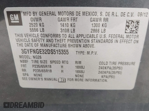 2013 Cadillac SRX Luxury Collection with VIN 3GYFNGE32DS515355, listed as a IAAI auction lot 42018302 with 114,547 mi miles. Bid and sale history available at carsss.com. Image 9.
