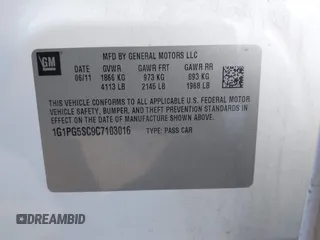 2012 Chevrolet Cruze 2LT with VIN 1G1PG5SC9C7103016, listed as a IAAI auction lot 41361255 with 130,273 mi miles and . Bid and sale history available at DreamBid. Image 9.
