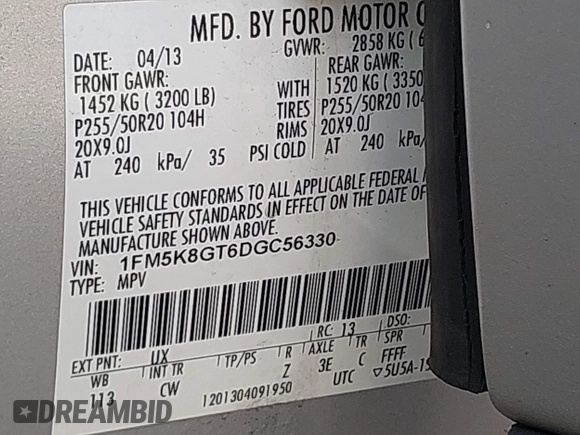2013 Ford Explorer Sport с VIN 1FM5K8GT6DGC56330, выставлен на аукционе IAAI как лот 42645779 с пробегом 170 315 миль миль и . История ставок и продаж доступна на DreamBid. Изображение 9.
