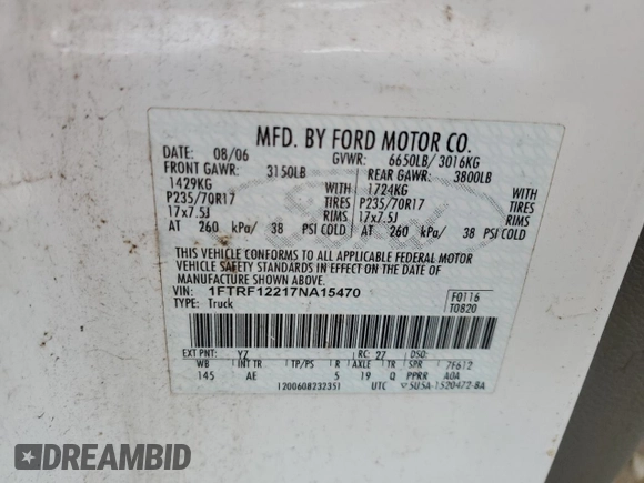 2007 Ford F-150 XL with VIN 1FTRF12217NA15470, listed as a Copart auction lot 55898825 with 204,078 mi miles and Clean title. Bid and sale history available at DreamBid. Image 12.