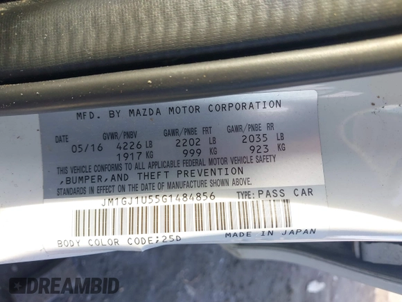 2016 Mazda Mazda6 i Sport with VIN JM1GJ1U55G1484856, listed as a IAAI auction lot 41543599 with 78,486 mi miles. Bid and sale history available at carsss.com. Image 9.
