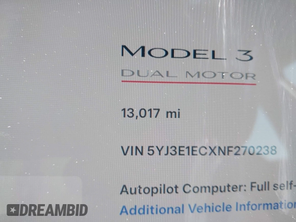 2022 Tesla Model 3 Performance with VIN 5YJ3E1ECXNF270238, listed as a IAAI auction lot 42173668 with 13,017 mi miles and . Bid and sale history available at DreamBid. Image 16.