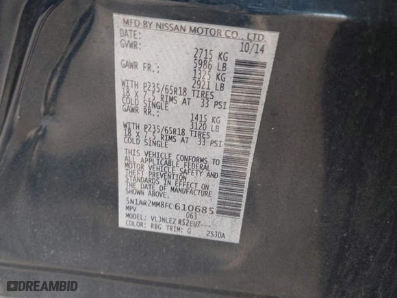 2015 Nissan Pathfinder S with VIN 5N1AR2MM8FC610685, listed as a IAAI auction lot 41657466 with 115,394 mi miles. Bid and sale history available at carsss.com. Image 9.