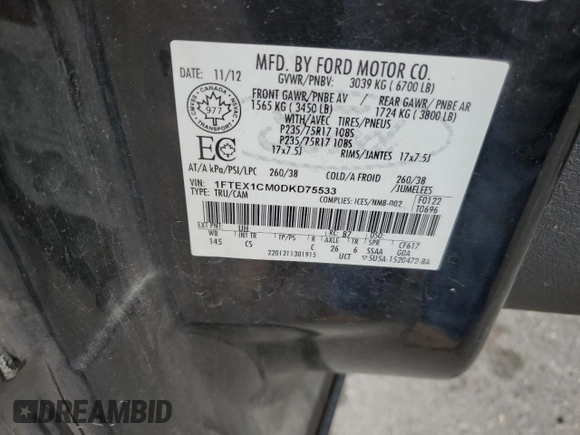 2013 Ford F-150 XL with VIN 1FTEX1CM0DKD75533, listed as a Copart auction lot 76499874 with 183,443 mi miles and Salvage Title. Bid and sale history available at carsss.com. Image 14.