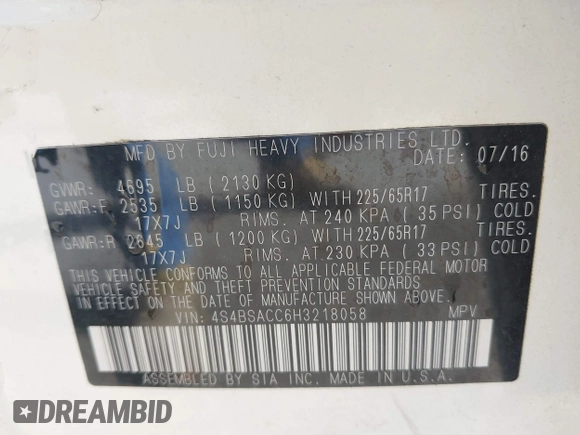 2017 Subaru Outback Premium с VIN 4S4BSACC6H3218058, выставлен на аукционе IAAI как лот 42484155 с пробегом 125 974 миль миль и . История ставок и продаж доступна на DreamBid. Изображение 9.