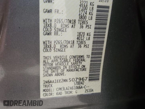 2021 Nissan Titan SV with VIN 1N6AA1EE2MN507967, listed as a Copart auction lot 45288265 with 53,293 mi miles and Salvage title. Bid and sale history available at DreamBid. Image 12.