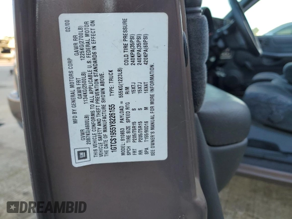 2000 GMC Sonoma SLS w/1SF Pkg with VIN 1GTCS1955Y8226155, listed as a Copart auction lot 83220424 with 87,604 mi miles and Salvage Title. Bid and sale history available at carsss.com. Image 12.