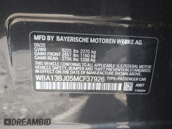 2021 BMW 5 Series 530i xDrive with VIN WBA13BJ05MCF37926, listed as a IAAI auction lot 41704102 with 22,072 mi miles and . Bid and sale history available at DreamBid. Image 9.