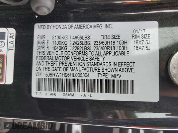 2017 Honda CR-V Touring with VIN 5J6RW1H96HL005304, listed as a Copart auction lot 46551855 with 93,988 mi miles and Salvage Title. Bid and sale history available at carsss.com. Image 15.