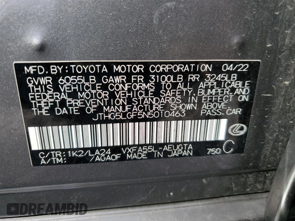 2022 Lexus LS с VIN JTHG5LGF5N5010463, выставлен на аукционе Copart как лот 56754505 с пробегом 31 473 миль миль и Списание • Salvage title. История ставок и продаж доступна на DreamBid. Изображение 12.