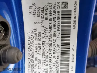 2019 Honda Civic Sedan Sport with VIN 2HGFC2F8XKH577001, listed as a Copart auction lot 45701045 with 58,276 mi miles and Salvage Title. Bid and sale history available at carsss.com. Image 14.