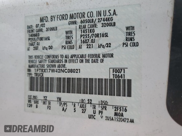 2002 Ford F-150 XL z VIN 1FTRX17W42NC08021, wystawiony jako Copart lot #54981215 z przebiegiem 109 078 mil mil oraz Czysty tytuł • Clean title. Historia ofert i sprzedaży dostępna na DreamBid. Obrazek 12.