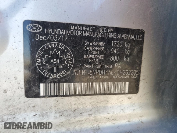 2013 Hyundai Elantra GLS with VIN 5NPDH4AE4DH262205, listed as a Copart auction lot 58466865 with 94,201 mi miles and Salvage title. Bid and sale history available at DreamBid. Image 12.