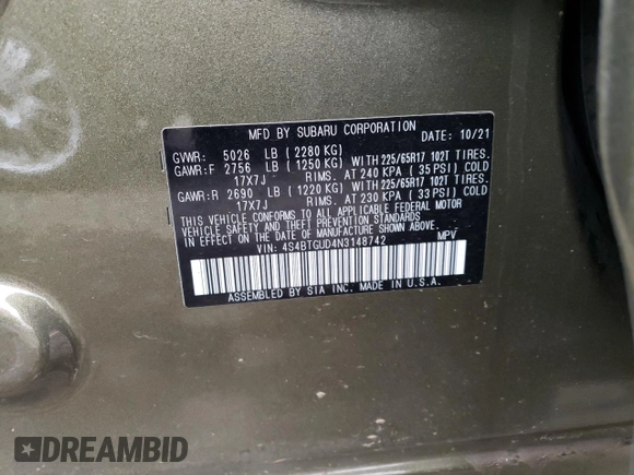 2022 Subaru Outback Wilderness with VIN 4S4BTGUD4N3148742, listed as a Copart auction lot 89109565 with 41,938 mi miles and Salvage Title. Bid and sale history available at DreamBid. Image 13.