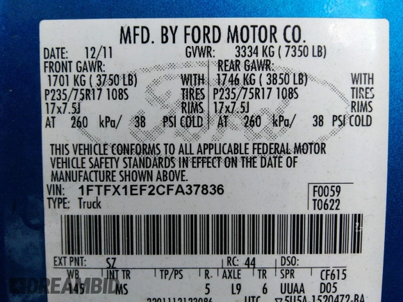 2012 Ford F-150 XL with VIN 1FTFX1EF2CFA37836, listed as a IAAI auction lot 41795562 with 231,059 mi miles. Bid and sale history available at carsss.com. Image 9.