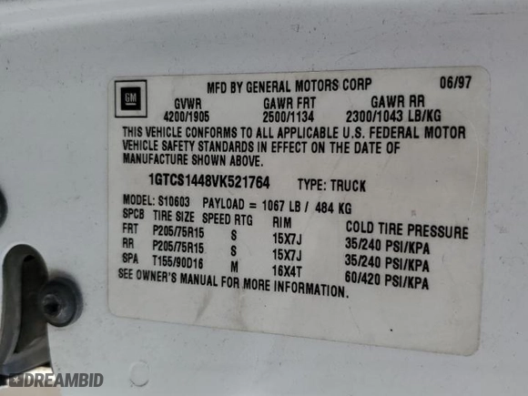 1997 GMC Sonoma with VIN 1GTCS1448VK521764, listed as a Copart auction lot 43580175 with 159,938 mi miles and Salvage Title. Bid and sale history available at carsss.com. Image 12.