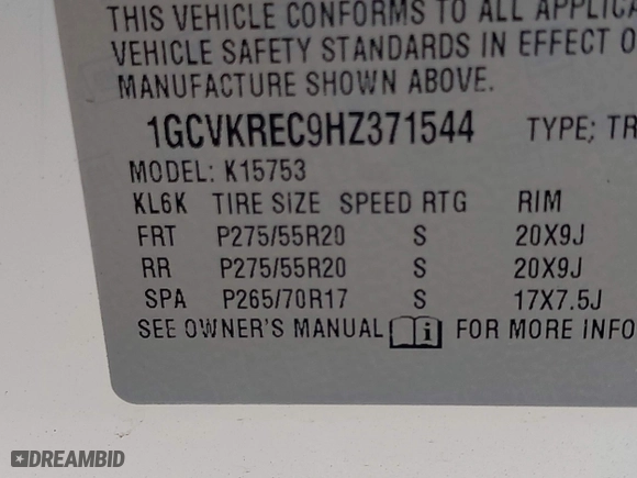 2017 Chevrolet Silverado 1500 LT with VIN 1GCVKREC9HZ371544, listed as a IAAI auction lot 41807725 with 94,580 mi miles. Bid and sale history available at carsss.com. Image 9.