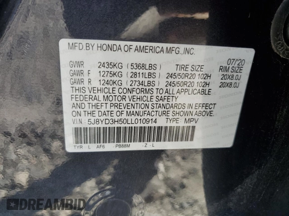 2020 Acura MDX w/Technology Pkg with VIN 5J8YD3H50LL010914, listed as a Copart auction lot 46334395 with 67,004 mi miles and Salvage Title. Bid and sale history available at carsss.com. Image 13.