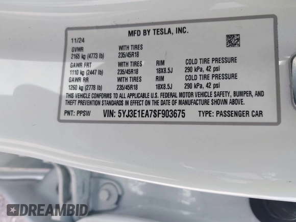 2025 Tesla Model 3 Long Range с VIN 5YJ3E1EA7SF903675, выставлен на аукционе IAAI как лот 42056122 с пробегом 2 564 миль миль и . История ставок и продаж доступна на DreamBid. Изображение 9.