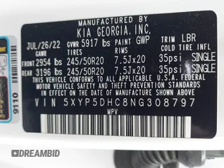 2022 Kia Telluride SX with VIN 5XYP5DHC8NG308797, listed as a IAAI auction lot 41907333 with 65,447 mi miles and . Bid and sale history available at carsss.com. Image 9.