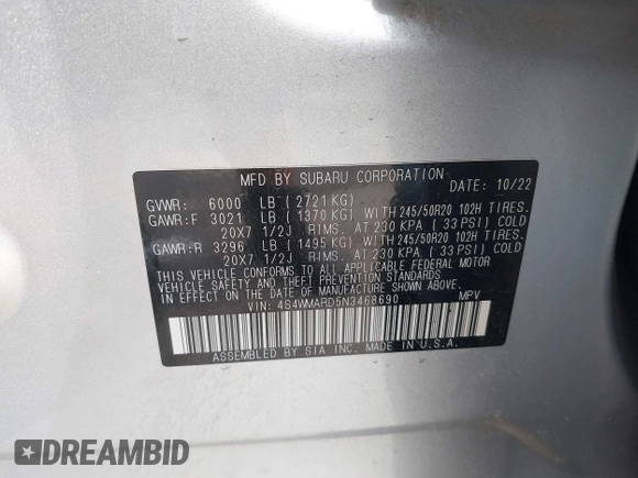 2022 Subaru Ascent Touring with VIN 4S4WMARD5N3468690, listed as a IAAI auction lot 42129762 with 46,310 mi miles and . Bid and sale history available at DreamBid. Image 9.