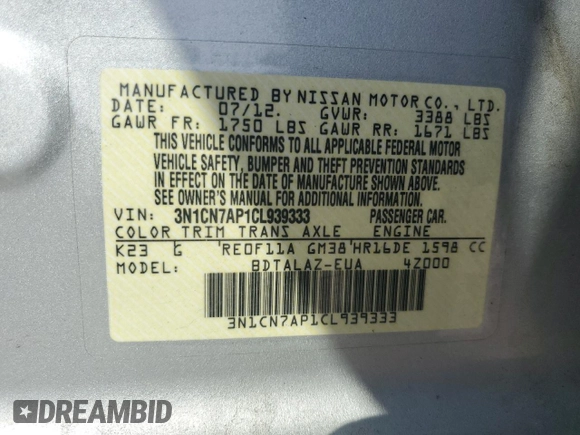 2012 Nissan Versa S with VIN 3N1CN7AP1CL939333, listed as a Copart auction lot 62337705 with 38,037 mi miles and Salvage title. Bid and sale history available at DreamBid. Image 12.