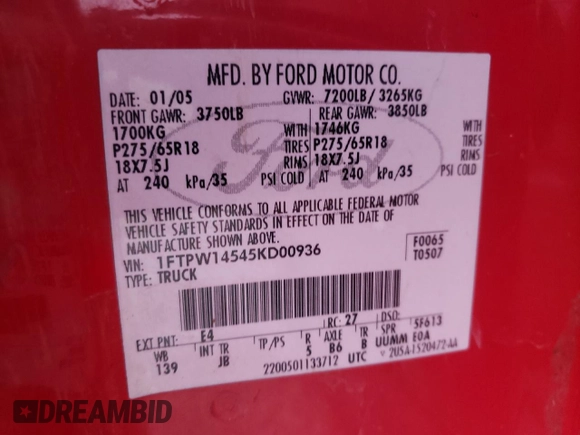 2005 Ford F-150 XLT with VIN 1FTPW14545KD00936, listed as a Copart auction lot 48127085 with 239,043 mi miles and Salvage Title. Bid and sale history available at carsss.com. Image 14.