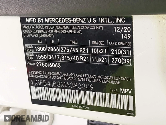 2021 Mercedes-Benz GLE 350 with VIN 4JGFB4JB3MA383309, listed as a IAAI auction lot 42625145 with 52,816 mi miles and . Bid and sale history available at DreamBid. Image 9.